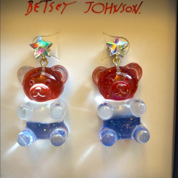 Betsey Johnson Acrylic Red, White & Blue Gummy Bear Drop Earrings NIB - Picture 3 of 9